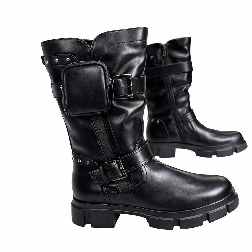 Black Moto Biker Boots Lug Sole Buckle Pocket Mid Calf Women 8.5 Zee Alexis.
